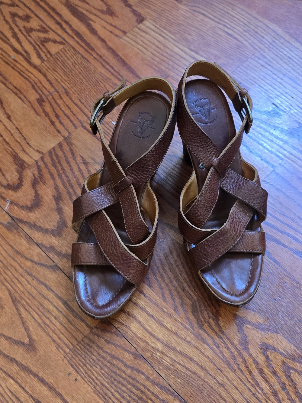 FRYE Reese Brown Leather Strappy Heel Sandals Ankle Buckle Clogs Womens Size 10M